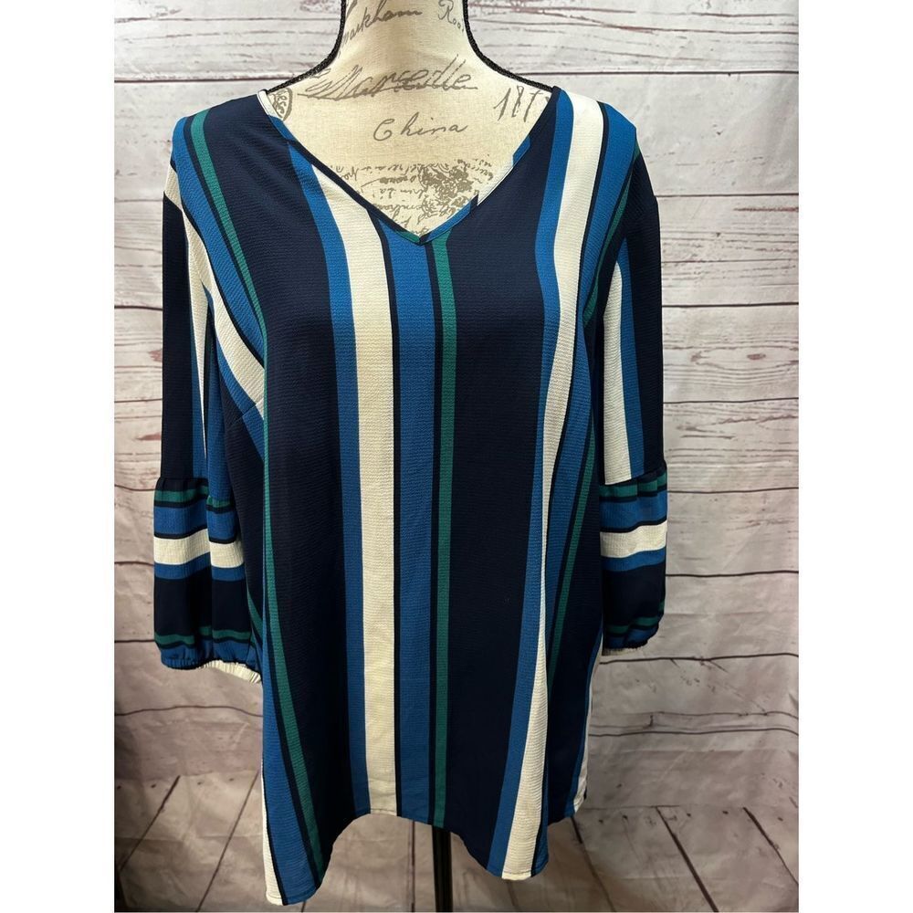NY Collection Striped V Neck Bell Sleeve Cutout Back Tunic Top XL